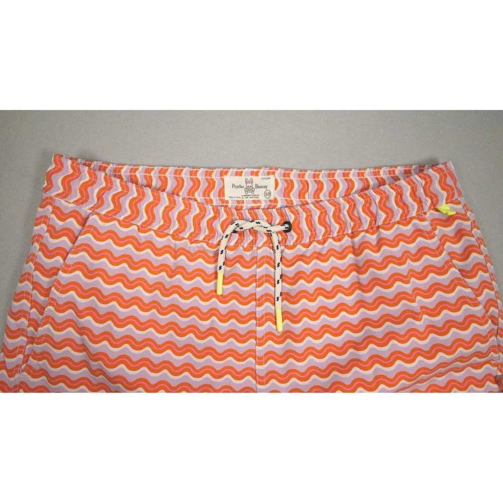 Psycho Bunny Mens Swim‎ Trunks Orange Pink Wavy Chevron Board Shorts Size Large